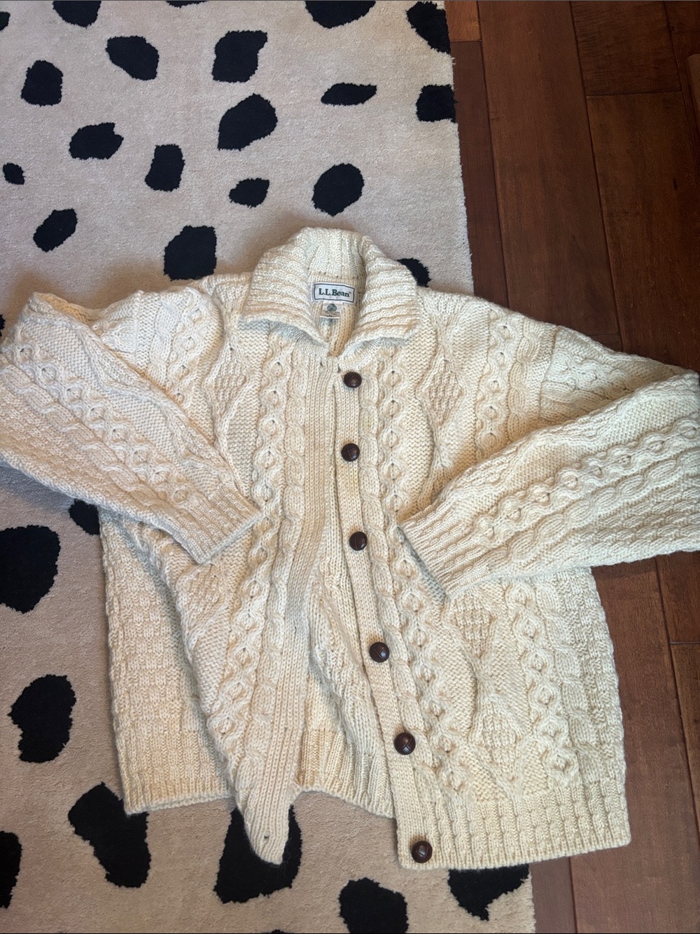 L.L. Bean Ivory Vintage Cable-Knit Button Cardigan Large